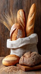 Artisanal breads of various shapes and textures are showcased in fabric bags alongside grains on a rustic wooden table