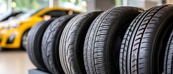 Tires are closely arranged on shelves and a wheel is prominently featured, illustrating a busy automotive service area with a tidy layout