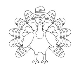 Outline turkey in flat style. Minimalist Thanksgiving day element. Children coloring poster