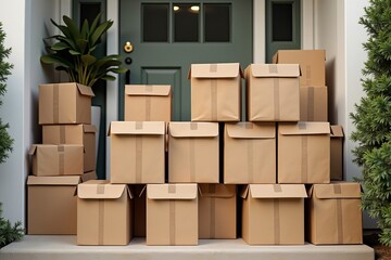 Aerial View of Neatly Stacked Cardboard Boxes in Geometric Pattern Outside Front Door