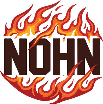 Nohn text with bold lettering and fiery flame design
