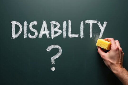 Man using sponge to erase the word disability from blackboard, leaving a blank space with a question mark.