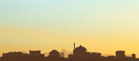 Panoramic poster of the city skyline with misty background buildings, hills sunrise, sunset and clouds of NEW DELHI, INDIA