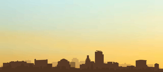 Panoramic poster of the city skyline with misty background buildings, hills sunrise, sunset and clouds of LYON, FRANCE