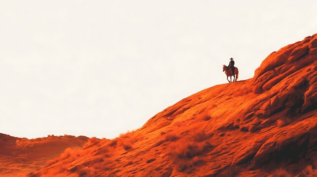 Lone rider on horseback silhouetted against a vibrant orange landscape, capturing the essence of adventure and freedom in a vast, open terrain with dramatic lighting