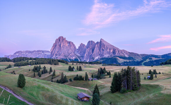 Famous view on Alpe di Siusi during blue hour sunset in the Italian Dolomites