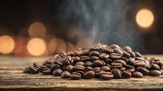 Aromatic dark roasted coffee beans steaming gently on weathered wood, creating a warm inviting atmosphere for your cafe or brand.