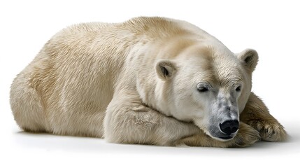 Polar bear resting on a white surface, showcasing its thick fur and distinctive features, embodying the essence of wildlife in a serene and peaceful environment