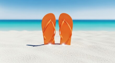 A pair of bright orange flipflops resting on a sandy beach with the turquoise ocean and clear blue sky in the background, evoking a sense of summer vacation and relaxation