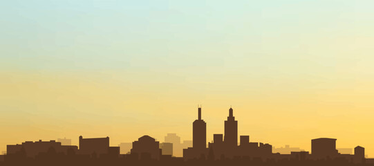 Naklejka premium Panoramic poster of the city skyline with misty background buildings, hills sunrise, sunset and clouds of MELBOURNE, AUSTRALIA