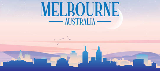 Naklejka premium Panoramic poster of the city skyline with misty background buildings, hills sunrise, sunset and clouds of MELBOURNE, AUSTRALIA