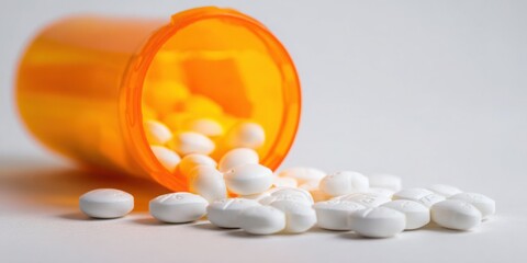 A bottle of pills is open and scattered on a white surface