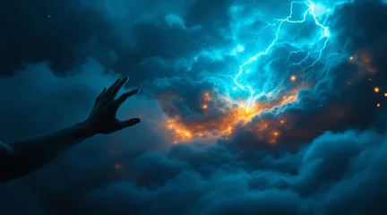 Stickers Meisjeskamer A hand reaches out towards a dramatic display of lightning and clouds, symbolizing power, magic, and the connection between humanity and nature  © Mohammad