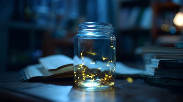 Ultra HD Enchanting scene of fireflies in a jar amidst old books, illuminated by soft blue light, creating a magical atmosphere of storytelling, imagination, and the beauty of natures wonders