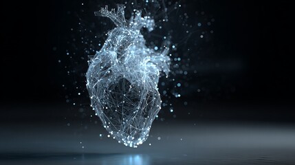 Stunning abstract digital heart pulsating with bright blue light, representing life, connection, and future technology on a dark background.