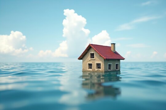 Model House Submerged in Reflective Pool, Mirroring the Sky and Clouds