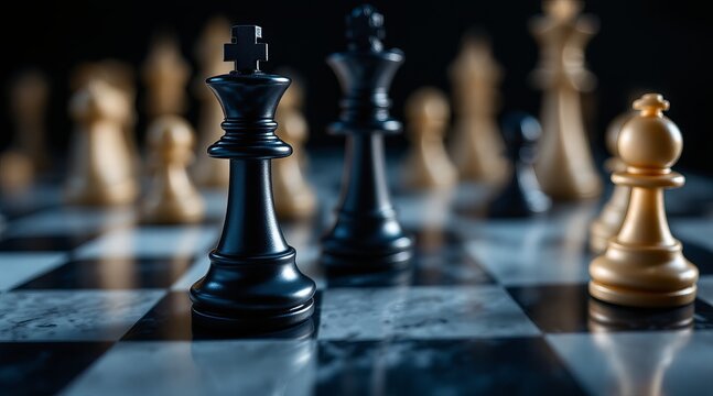 Strategic chess game on a dark chessboard, showcasing the black kings dominance and the intense battle of wits between opposing players