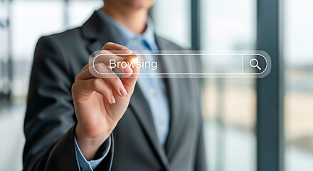 Businesswoman browsing the internet, symbolizing technology and online access.