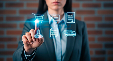 Woman's interaction with the user interface symbolizing e-commerce and digital concept.