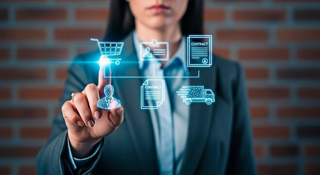 Woman's interaction with the user interface symbolizing e-commerce and digital concept.