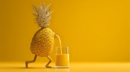 Playful pineapple character pouring juice into a glass creative food concept healthy tropical drink on a vibrant yellow background
