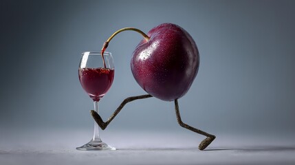 Whimsical plum character pouring juice into a glass creative food concept playful still life on a gradient background