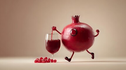 Playful pomegranate character pouring juice into a glass whimsical and vibrant perfect for food blogs and healthy lifestyle promotions