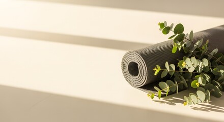 activewear greenery sunlight wellness, Rolled Yoga Mat with Eucalyptus Branch in Sunlight for Wellness