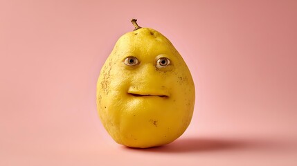 Quince with human-like facial features a funny and surreal portrait isolated on a pink background