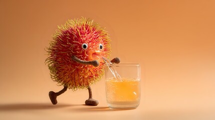 Cartoon rambutan character drinking juice with a straw funny food concept isolated on orange background