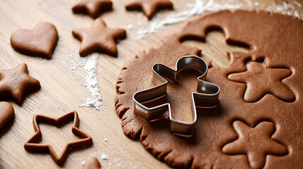 Gingerbread dough with metal cookie cutters creating festive holiday shapes