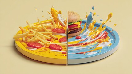 Dynamic explosion of fast food delights, savory fries meeting juicy burger in vibrant sauce splash