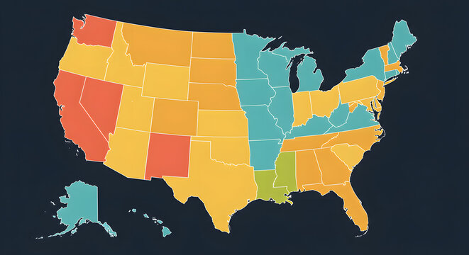 United States map showing states color-coded by varying statistics and data