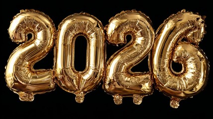 Shiny golden 2026 balloons gleam against a dark background, perfect for New Year celebrations and future-focused themes