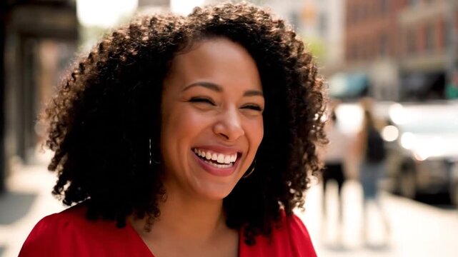 A beautiful young woman with curly hair smiles brightly on a sunny city street