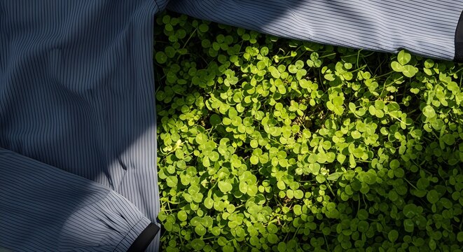 activewear greenery sunlight wellness, Top-Down View Elegant Striped Shirt on Vibrant Green Clover Patc