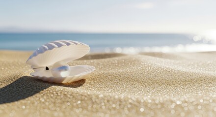 A single open seashell with a pearl inside rests on a sandy beach with the ocean blurred in the background, symbolizing treasure, beauty, and the wonders of the sea