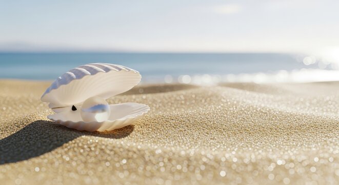 A single open seashell with a pearl inside rests on a sandy beach with the ocean blurred in the background, symbolizing treasure, beauty, and the wonders of the sea
