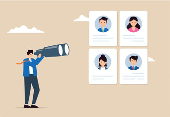 Recruiter using binoculars to look at candidate profiles long-range search detailed observation distant talent acquisition focused recruitment