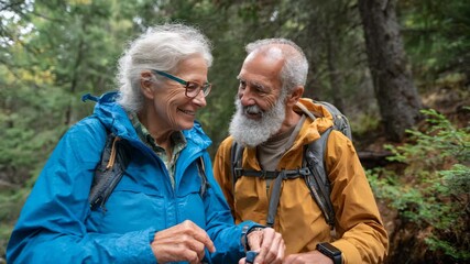 Ultra HD An elderly couple in rain gear pauses on a hiking trail in a lush forest to check a smartwatch, smiling as they share a moment of connection and adventure in nature
