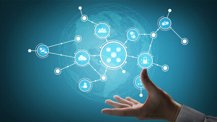 A creative depiction of a hand reaching out towards a digital network, illustrating concepts of technology, connection, and data exchange in a modern context. Tessel