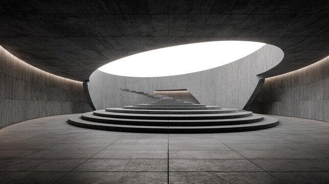 Modern concrete amphitheater with dramatic lighting and circular stairs, evoking innovation, design, and minimalist sophistication for architectural visuals.