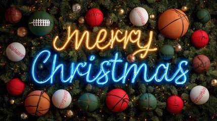 Celebrate the holidays with a unique Christmas tree adorned with favorite sports balls, glowing neon text, and festive lights