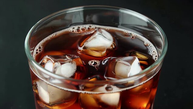 A high definition striking 4K close up view of a clear glass filled with cola and ice cubes gracefully spinning against a black background highlighting the refreshing fizzing bubbles and the cool