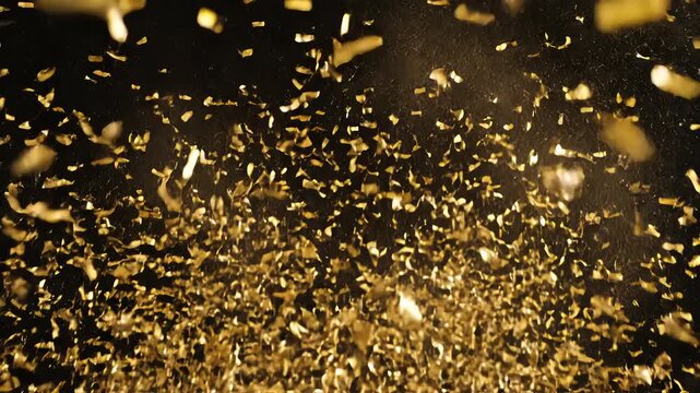 Golden Confetti Explosion on Black Background for Festive Celebrations and Party Atmosphere.