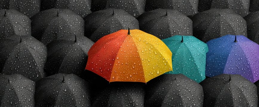 A row of umbrellas with one umbrella in the middle that is rainbow colored
