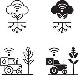 Isolated Smart Farm Icons black vector set, modern agriculture IoT icons, smart crop farming system symbols, minimal outline filled thin stroke, agritech technology vector design symbols