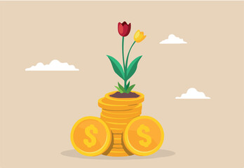 Flat illustration of stack coins sprouting flowers beautiful growth and returns of investments