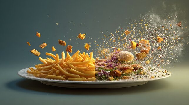 Explosion of delicious french fries and gourmet burger ingredients creates dynamic culinary art on a clean white plate.