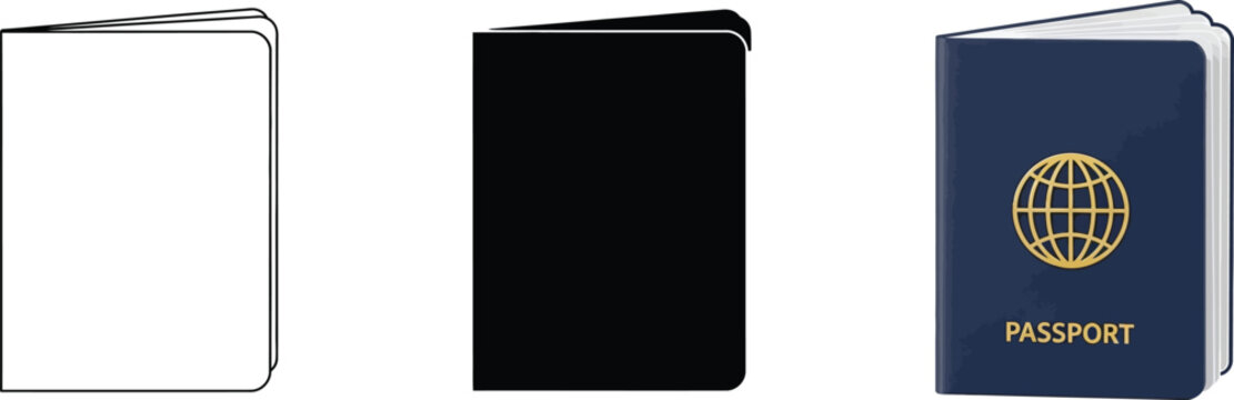 Passport identification illustrations in varied styles: outline, solid black silhouette, blue with golden globe 'passport' text.